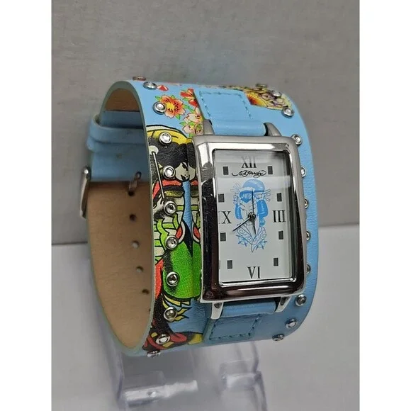 Womens Ed Hardy Swarovski Crystal Geisha Cuff Watch Blue Leather New Battery - Picture 3 of 11